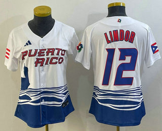 Women%27s Puerto Rico Baseball #12 Francisco Lindor 2023 White World Classic Stitched Jersey